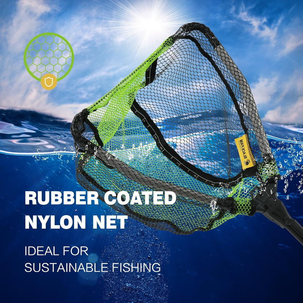 Black Paw Floating Fishing Net Foldable Telescopic Fish Landing Net with Built in Length Scale Rubber Coated for Kayak, Fly, Trout