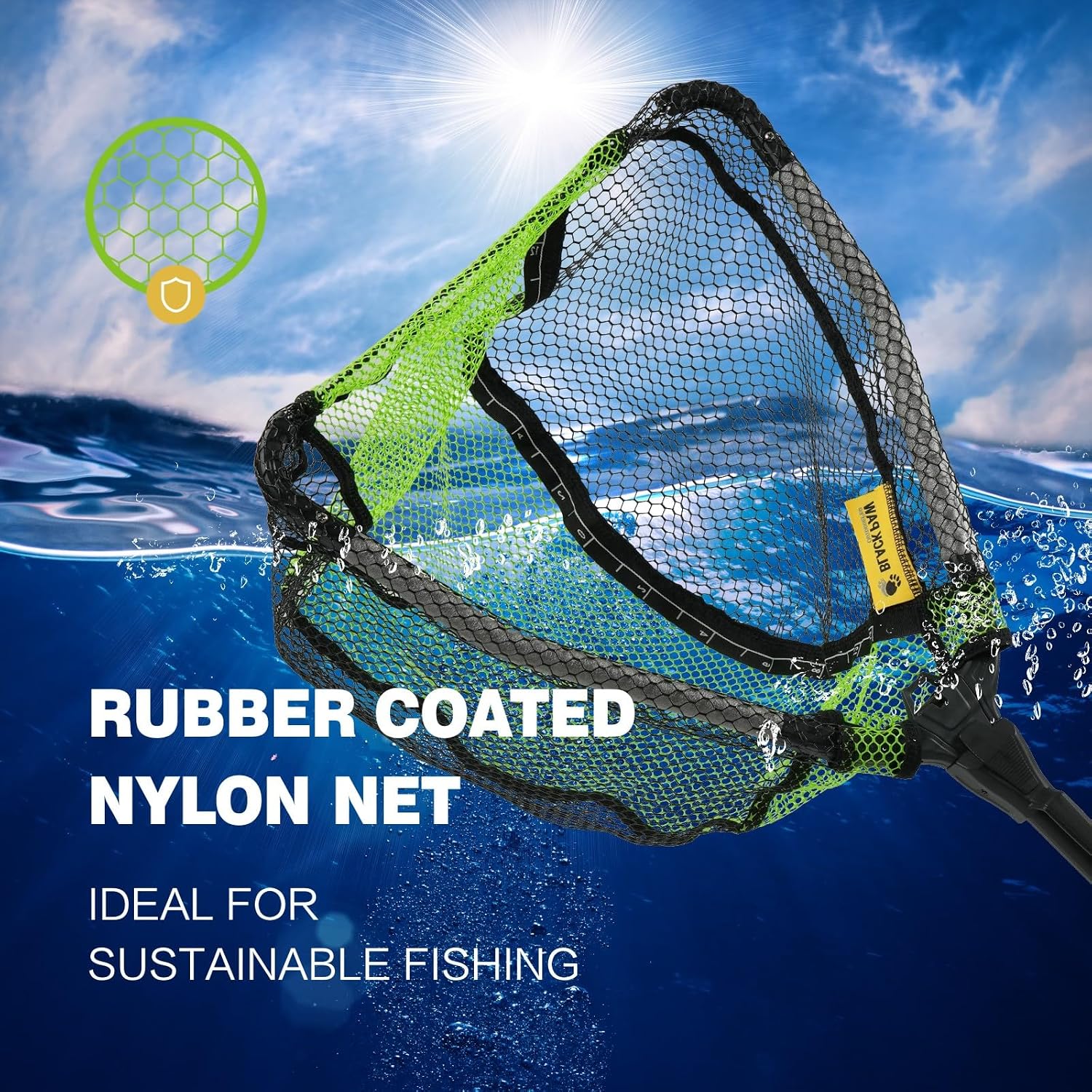 Black Paw Floating Fishing Net Foldable Telescopic Fish Landing Net with Built in Length Scale Rubber Coated for Kayak, Fly, Trout