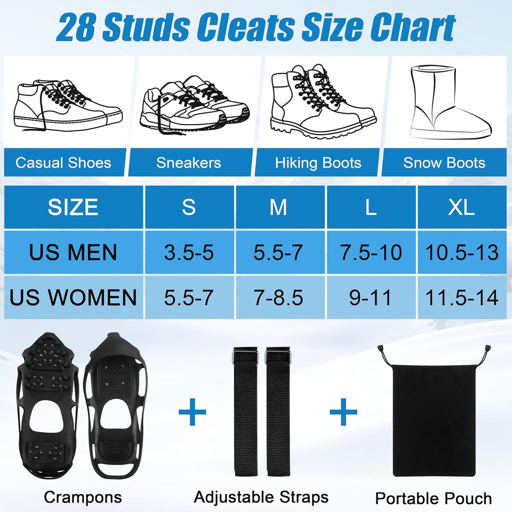 Ice Cleats Snow Walk Traction Cleats Crampon for Walking on Snow and Ice Upgrade 28 Studs Non-Slip Overshoe Rubber Anti Slip Crampons Slip-on Stretch Footwear
