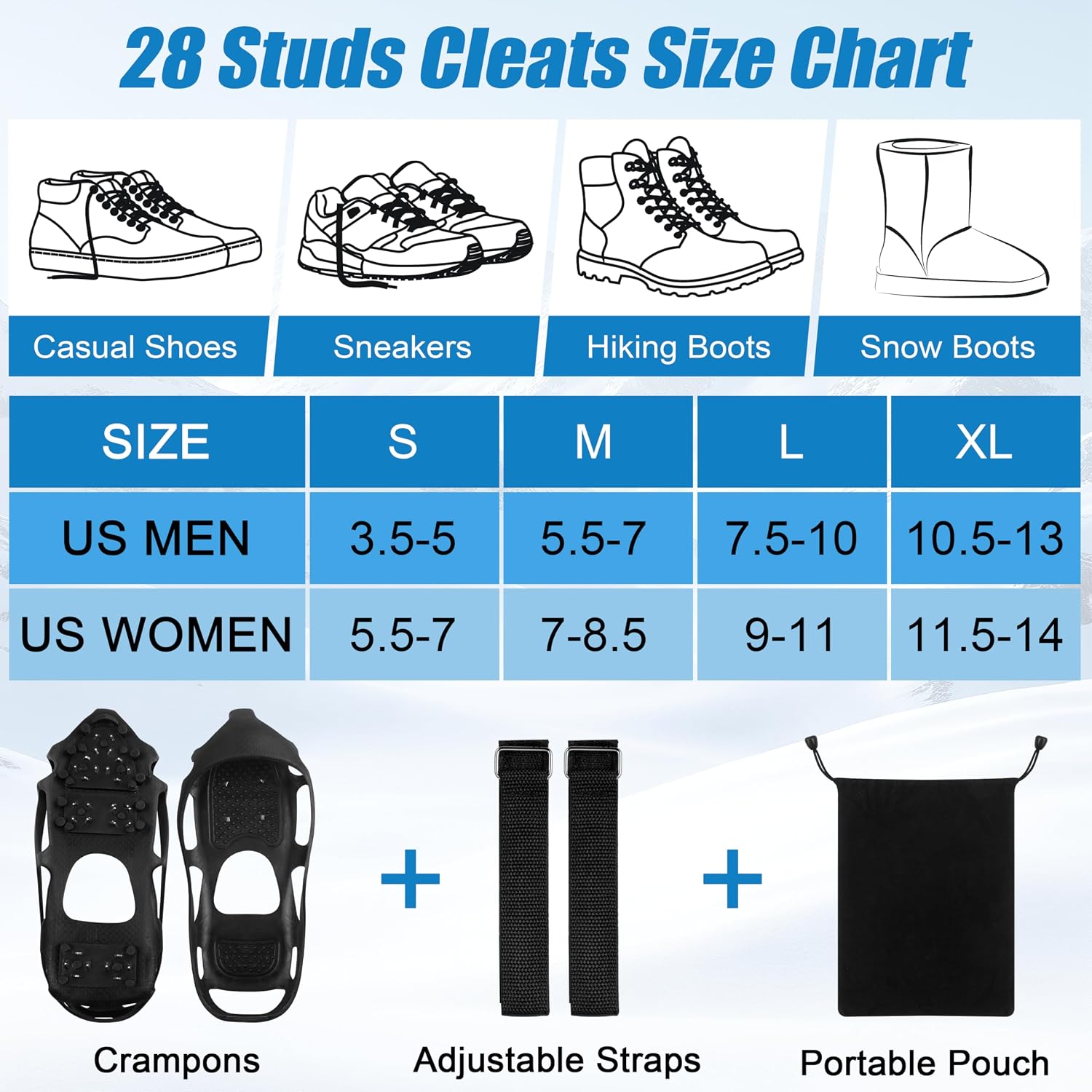 Ice Cleats Snow Walk Traction Cleats Crampon for Walking on Snow and Ice Upgrade 28 Studs Non-Slip Overshoe Rubber Anti Slip Crampons Slip-on Stretch Footwear