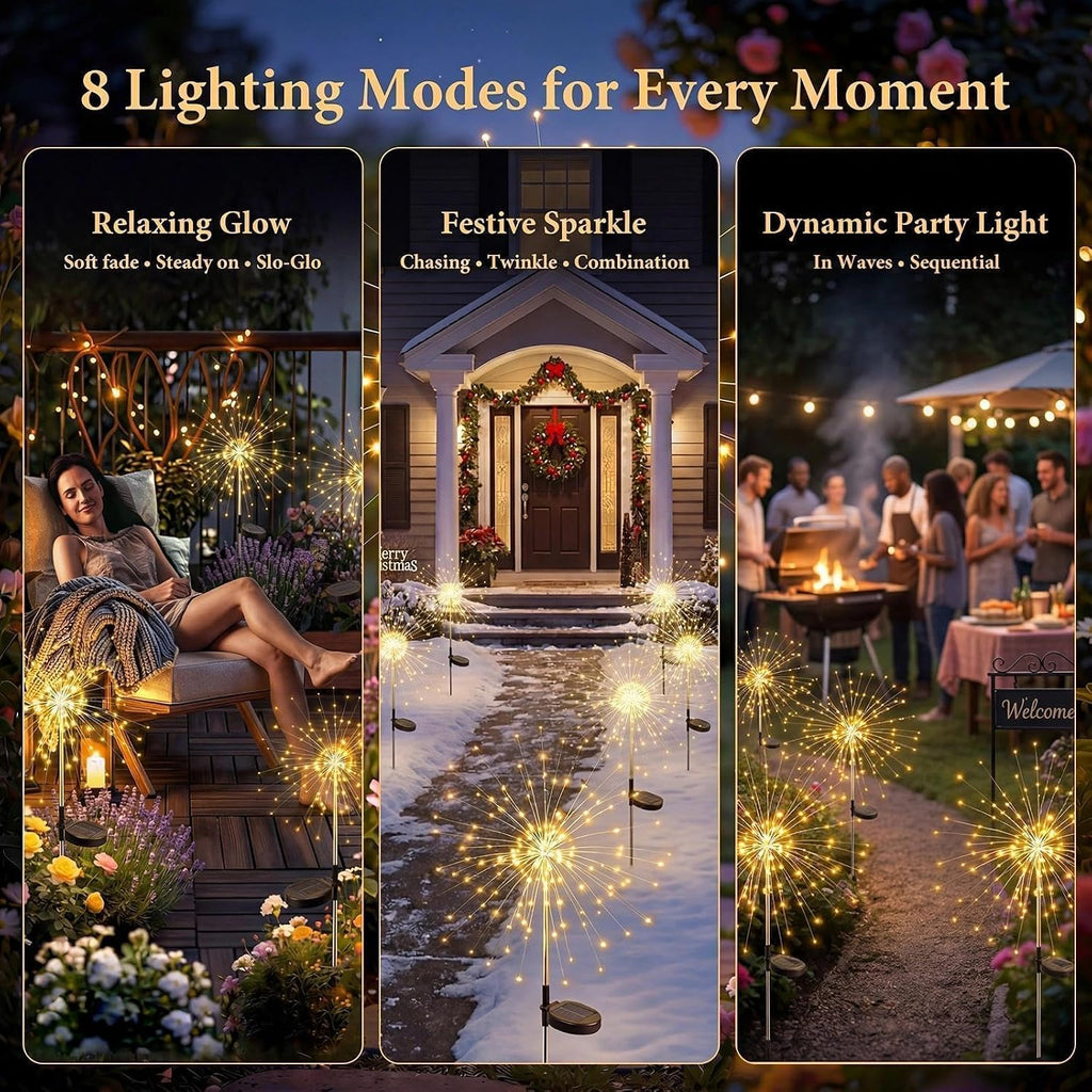 Solar Firework Lights Outdoor 4 Pack, 120LED Solar Starburst Twinkle Garden Lights with 8 Modes,Waterproof Decorative Fairy Light for Garden, Backyard, Halloween & Lawn Landscape Decor