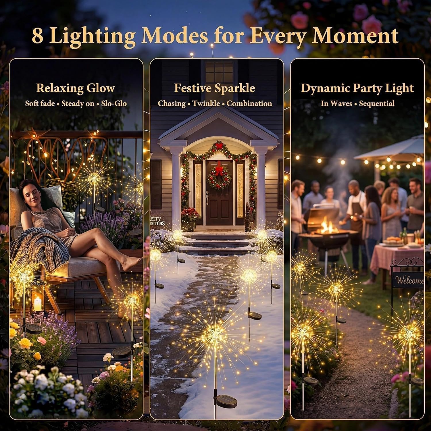 Solar Firework Lights Outdoor 4 Pack, 120LED Solar Starburst Twinkle Garden Lights with 8 Modes,Waterproof Decorative Fairy Light for Garden, Backyard, Halloween & Lawn Landscape Decor