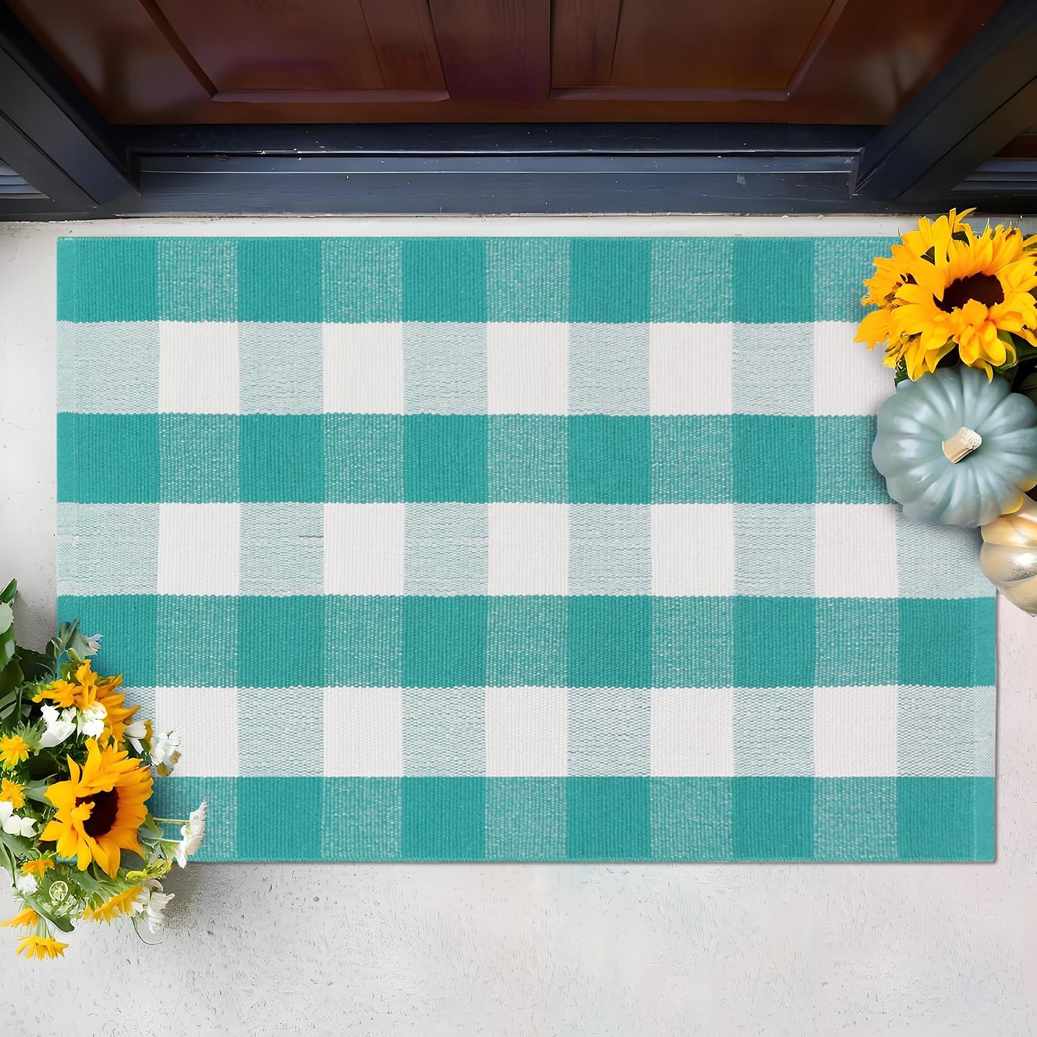 Spring Green & White Plaid Rug - 28 x 43 Inches Outdoor Front Door Decor Mat Cotton Washable Hand-Woven Rug Christmas New Year Holiday Porch Entryway Layered Doormat