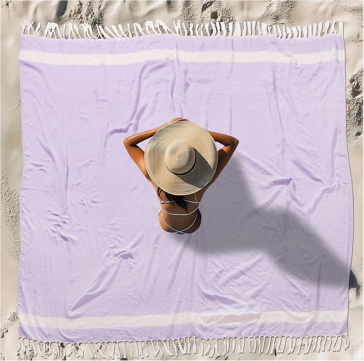 Vikumond Turkish Beach Towel Blanket Oversized 88x82 Inch Quick Dry Beige