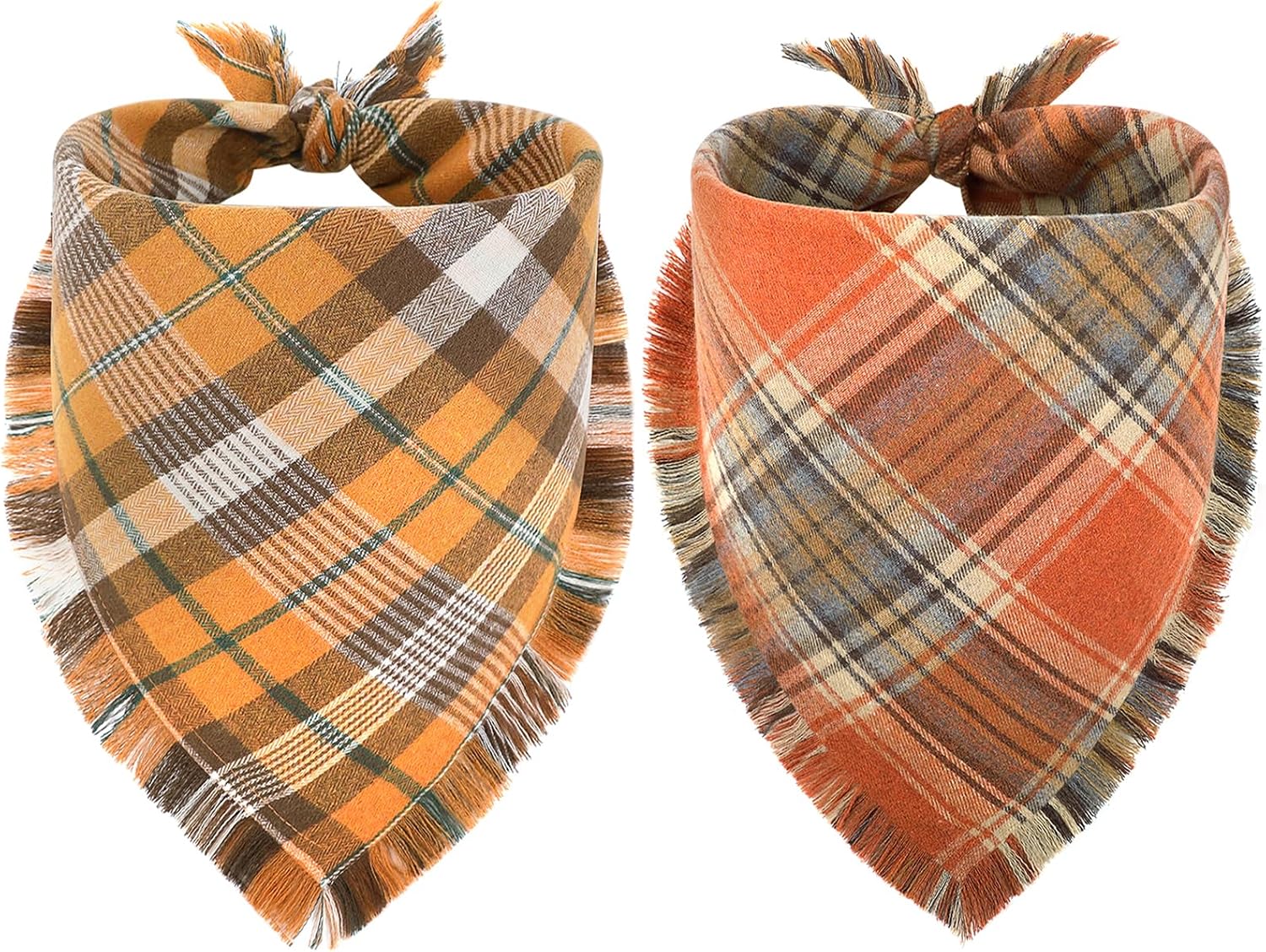 Vivifying Fall Dog Bandanas, 2 Pack Halloween Classic Plaid Dog Scarf with Tassels Edges, Funny Pet Apparel & Accessories Costume for Thanksgiving, Photo Prop, and Party Decor (X-Large, Yellow&Orange)