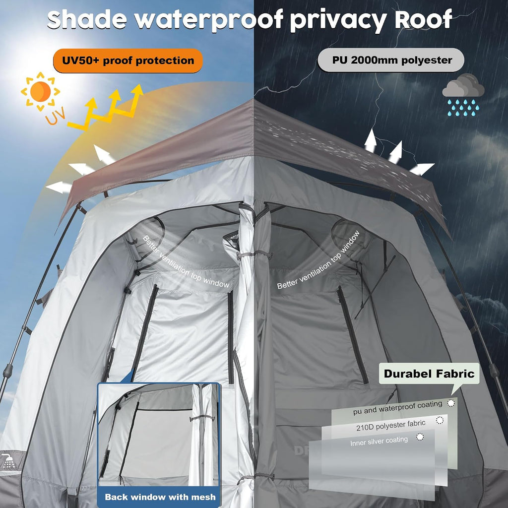 Porayhut Portable Camping Shower Tent Deluxe Changing Room Easy Set Up Privacy Shelter,Large Toilet Tent 2 Rooms with Floor Drain Design for Beach, Camping,Hiking with Stakes and Ropes for Stability
