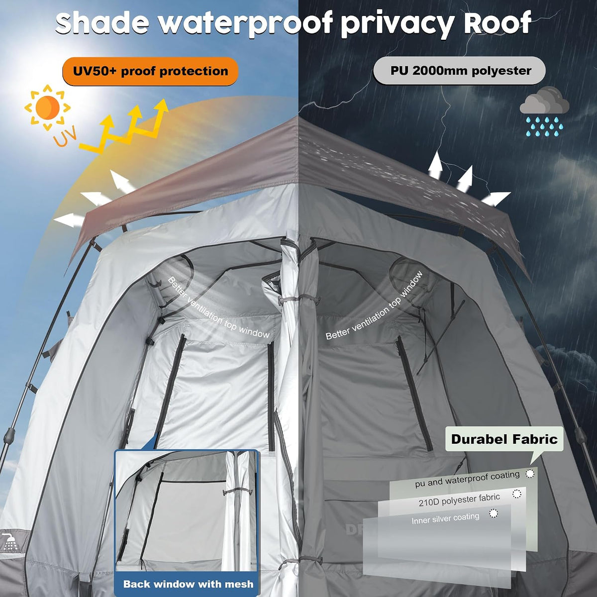 Porayhut Portable Camping Shower Tent Deluxe Changing Room Easy Set Up Privacy Shelter,Large Toilet Tent 2 Rooms with Floor Drain Design for Beach, Camping,Hiking with Stakes and Ropes for Stability