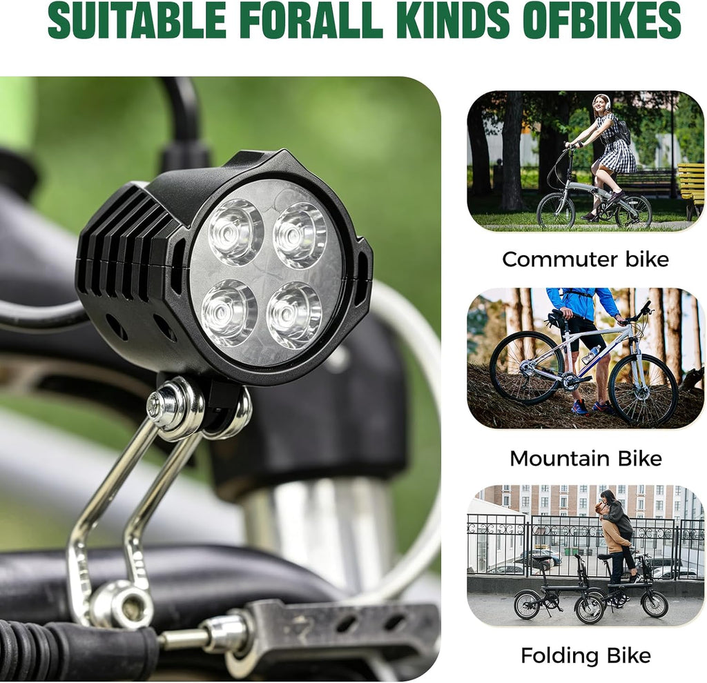 Electric Bike Headlight with Horn, 3-Pin Wired E-Bike Front Lamp Replacement, 4 LED Front Light for 24V 36V 48V 52V Electric Bicycle, Scooter and Ebike, Adjustable Metal Bracket