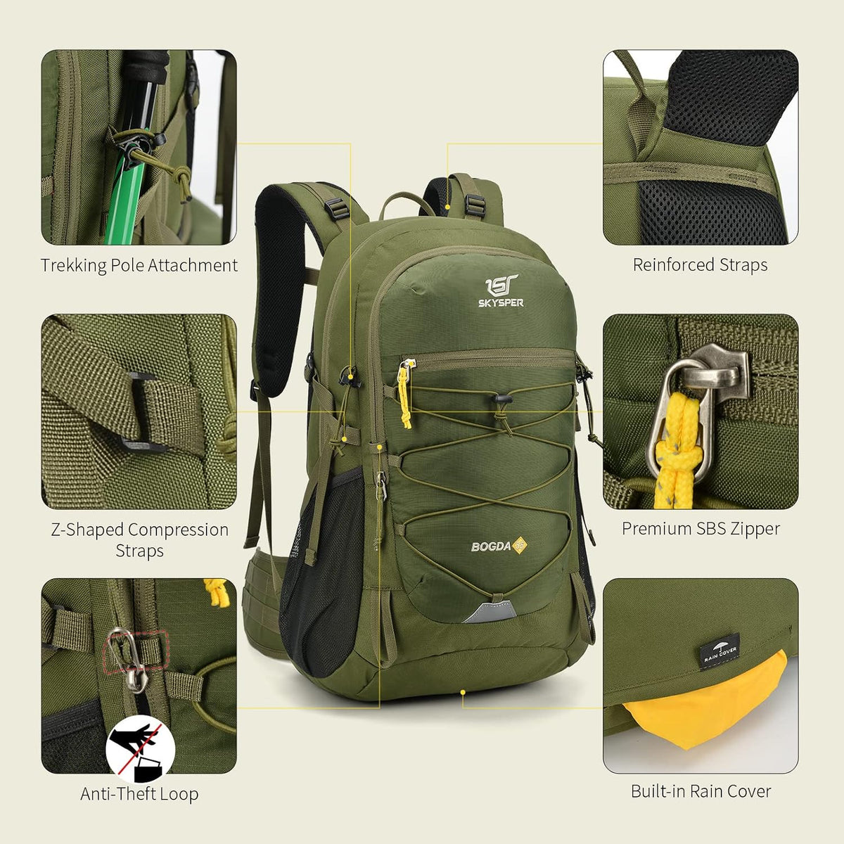 SKYSPER Hiking Backpack for Men Women, 35L Lightweight Travel Daypack, Outdoor Camping Back Pack with Multiple Compartments, Durable for Weekend Getaway