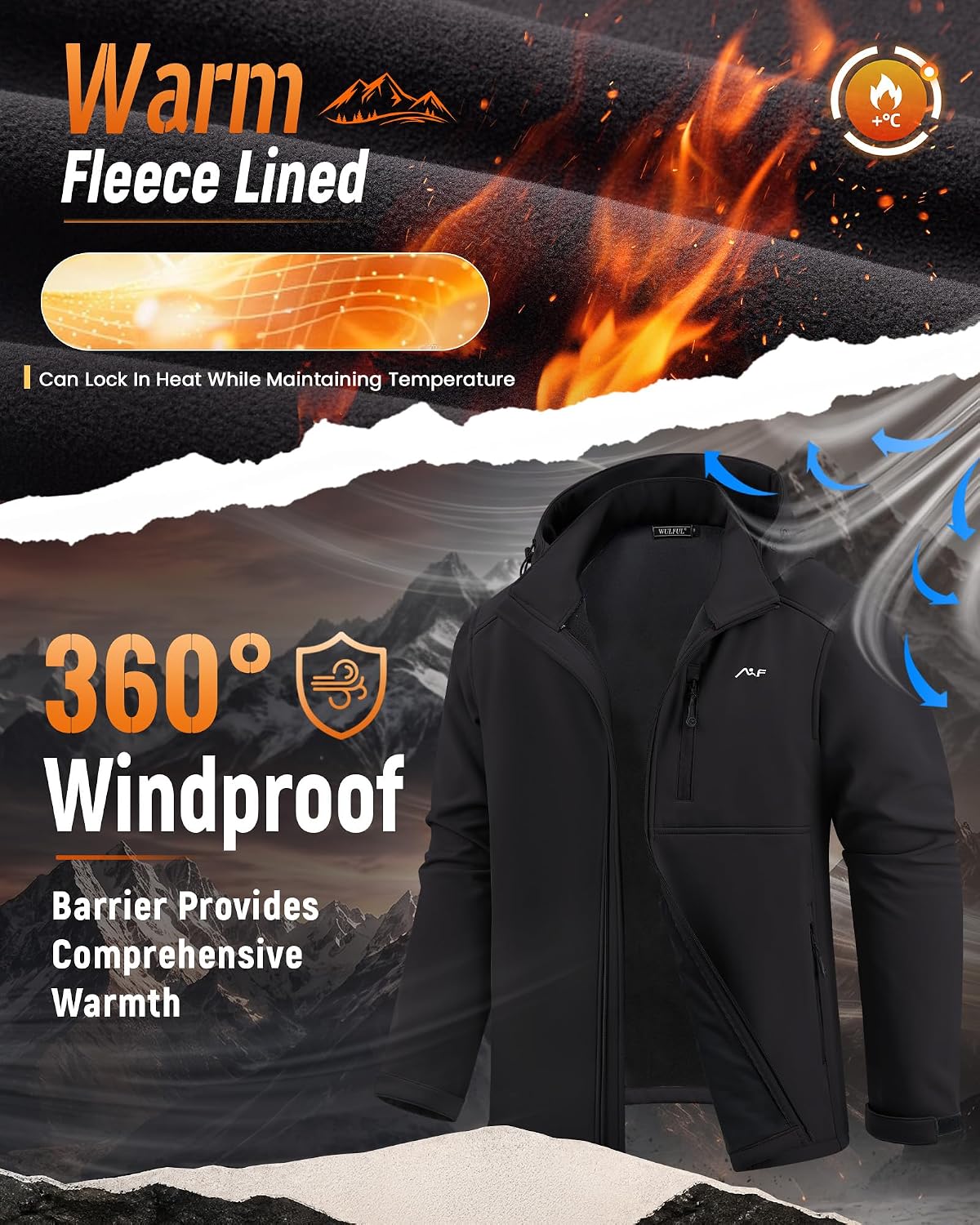 WULFUL Men's Softshell Jacket Waterproof Lightweight Insulated Windbreaker Fleece Lined Rain Shell Jacket for Hiking Travel