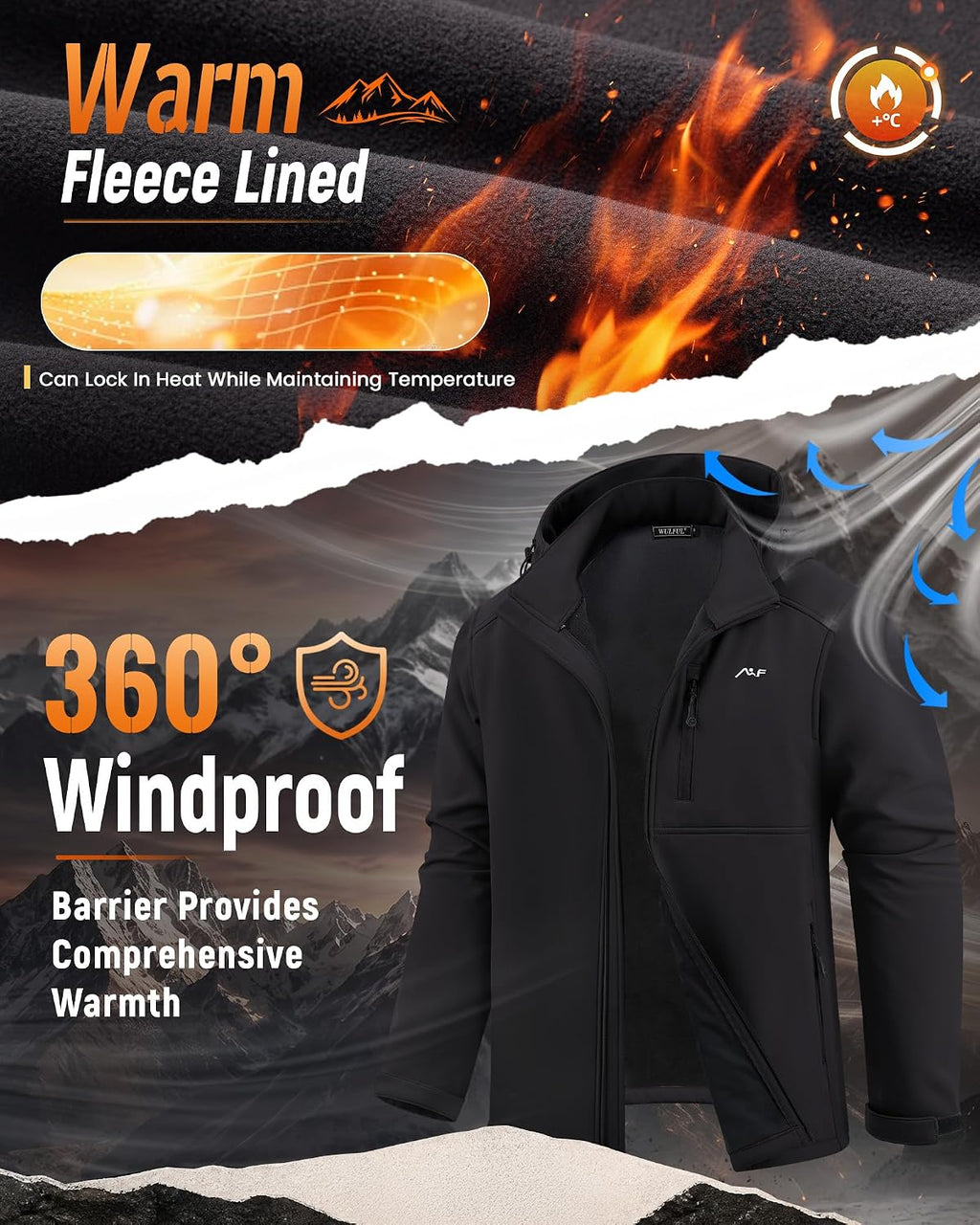 WULFUL Men's Softshell Jacket Waterproof Lightweight Insulated Windbreaker Fleece Lined Rain Shell Jacket for Hiking Travel