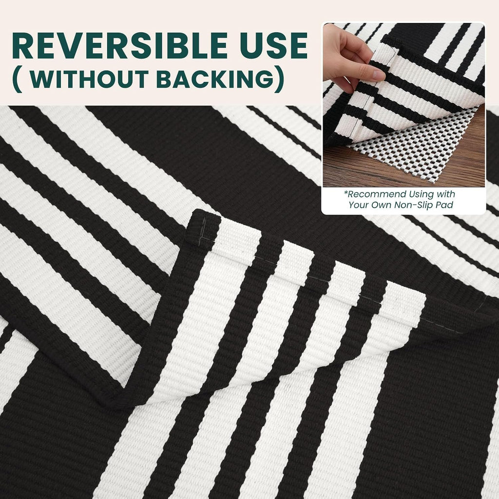 KOZYFLY 3'x5' Striped Area Rug, Black and White Woven Cotton Outdoor Rug