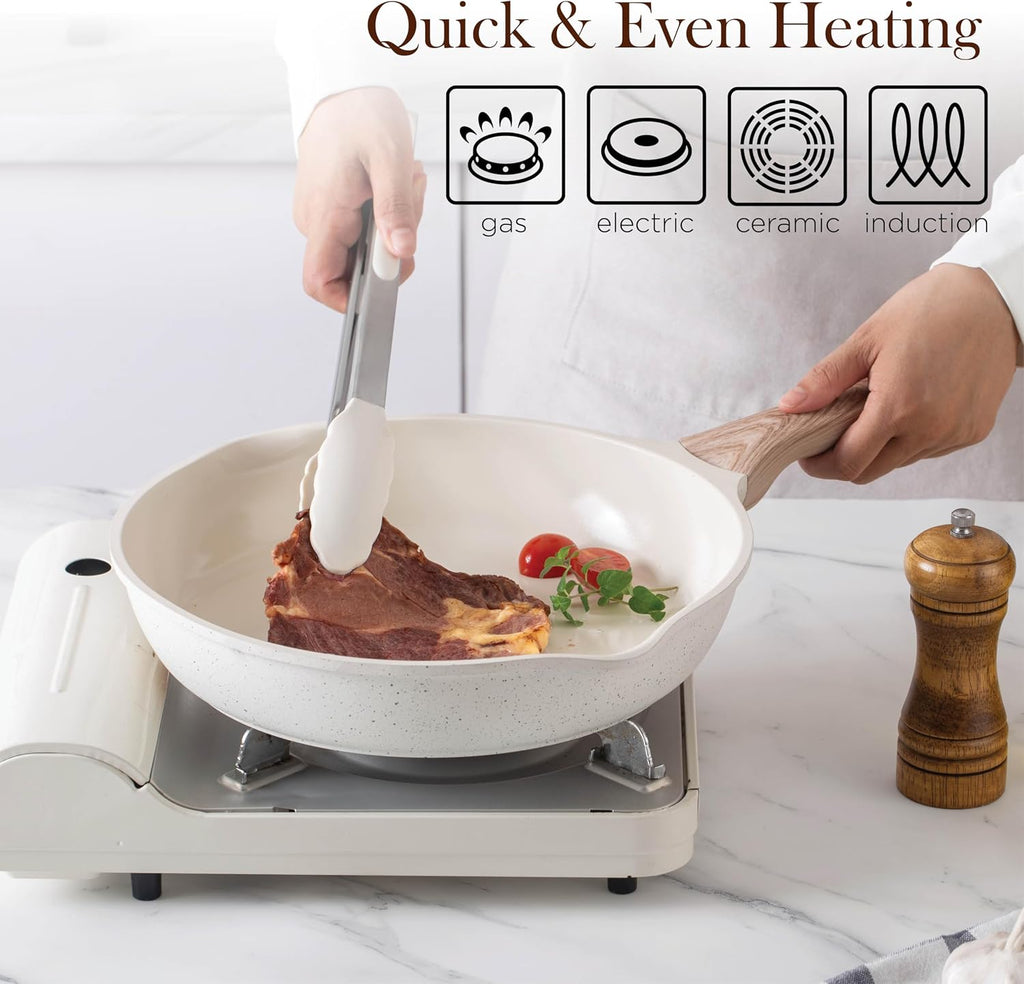 Country Kitchen Pots and Pans Set Nonstick, Cast Aluminum Kitchen Cookware Set with Utensils, 14 Pcs Non Stick Cooking Set w/Frying Pans & Saucepans, Cream