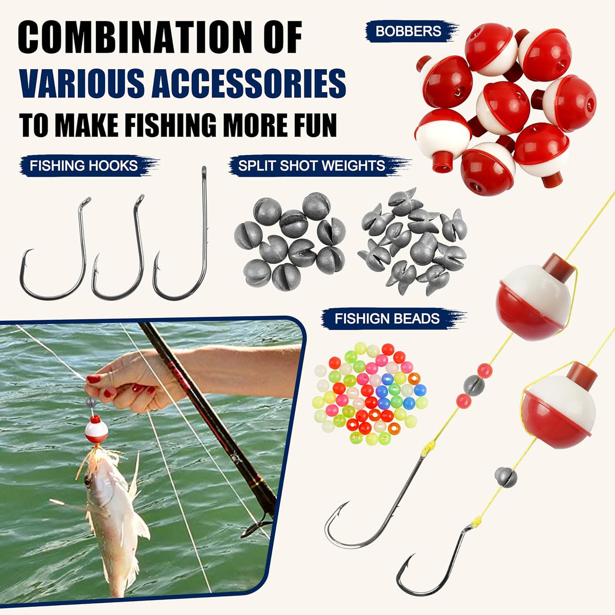 Fishing Bobbers Hooks and Weights Tackle Kit, 175pcs Beginners Equipment Include Fishing Hooks, Bobbers, Sinker Weights, Beads, Organized Tackle Box for Bass Trout Catfish Panfish