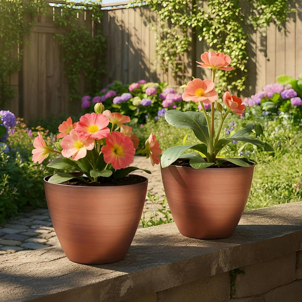 Vanslogreen 2 Pack Plastic Plant Pots with Drainage Holes, 8 inch Planter for Indoor Outdoor Plant, Garden Flower Pots for Aloe, Herbs, Cactus (Brushed Copper, 2pcs)