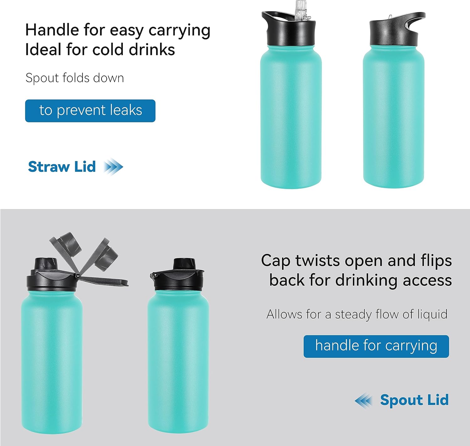VEGOND 32 oz Insulated Water Bottle Bulk Stainless Steel Metal Water Bottles with Leak Proof Straw Lid & Spout Lid, Wide Mouth Double Walled Vacuum Travel Sports Bottle, 8 Pack