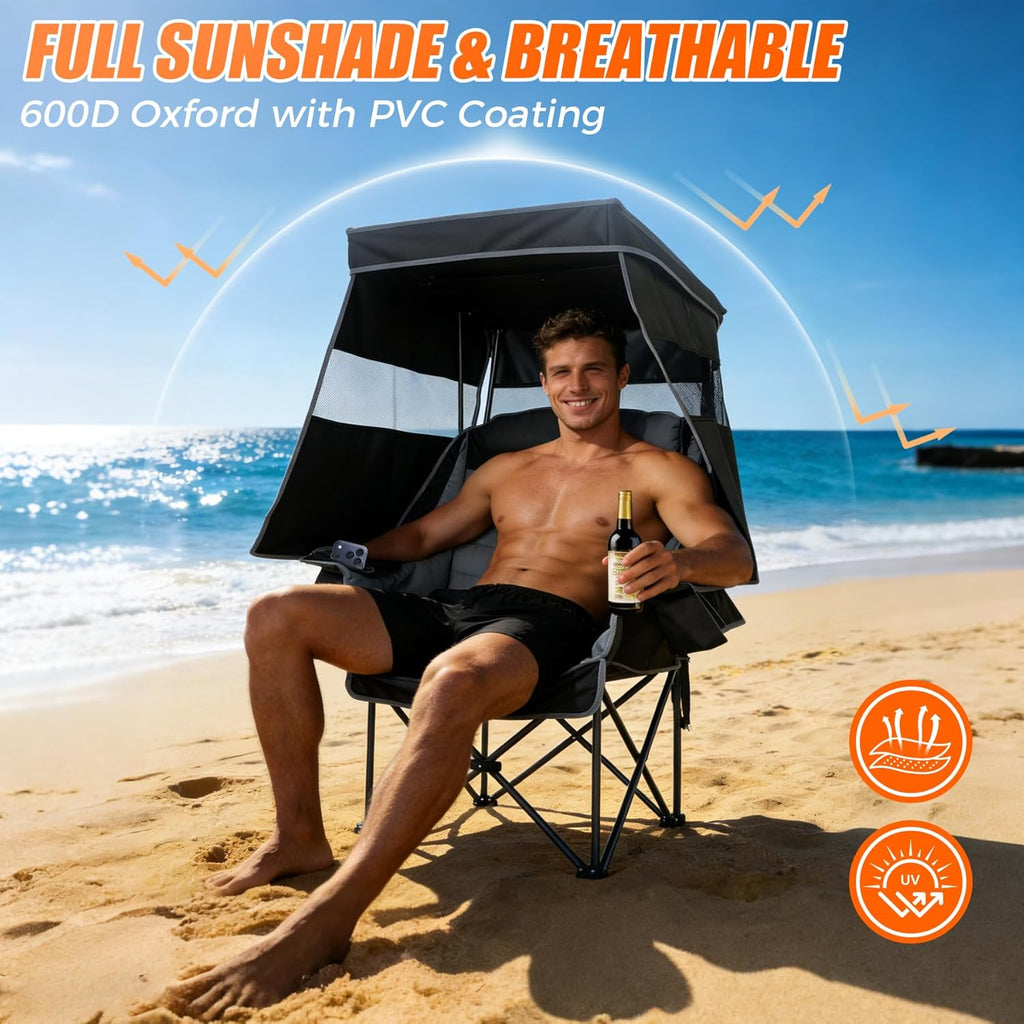 Camping Chair with Canopy Shade Heavy Duty Folding Chair with Umbrella Cup Holder Oversized Beach Chairs with Canopy for Adults Portable Padded Outdoor Lawn Chair for Sports Events Fishing, 500LBS