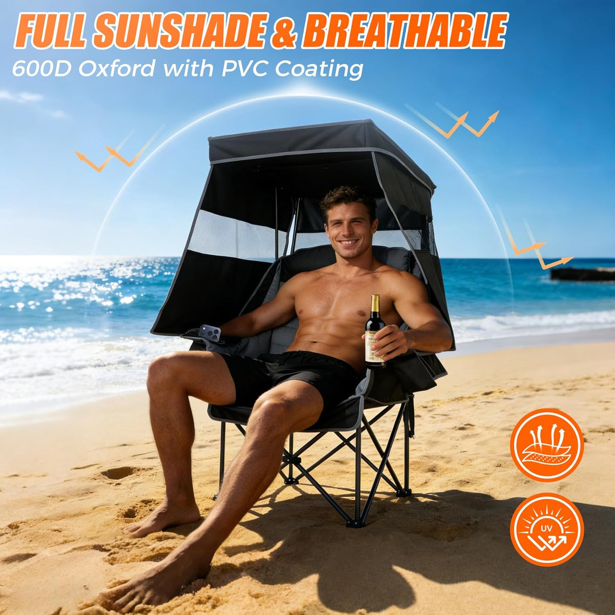 Camping Chair with Canopy Shade Heavy Duty Folding Chair with Umbrella Cup Holder Oversized Beach Chairs with Canopy for Adults Portable Padded Outdoor Lawn Chair for Sports Events Fishing, 500LBS