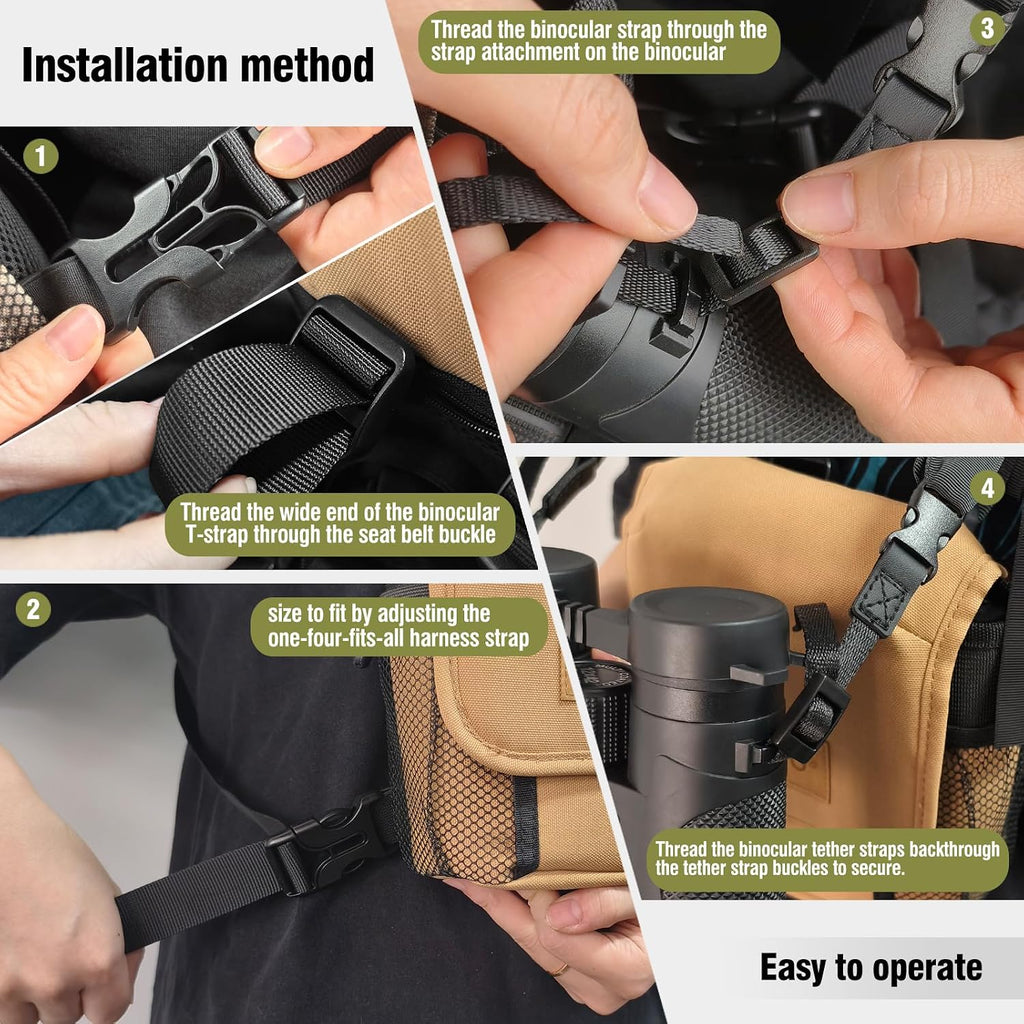 Universal Binocular Case, Binocular Harness for Hunting Case with Adjustable Shoulder Straps 2 Mesh Pockets for Hiking, Hunting, Backpacking, Outdoor Travel （Khaki）