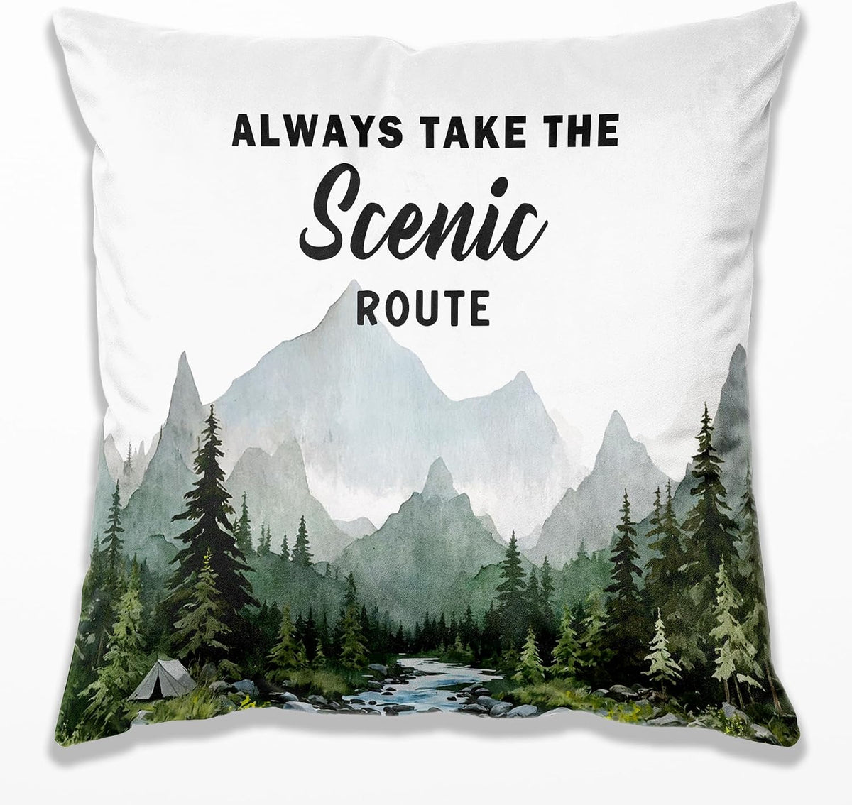 Camping Pillow Cover 12x20,Always Take The Scenic Route,Forest Green Mountain Woods Design,Decorative Rv Camper Pillows,Nature Lover Cottage Core Gifts