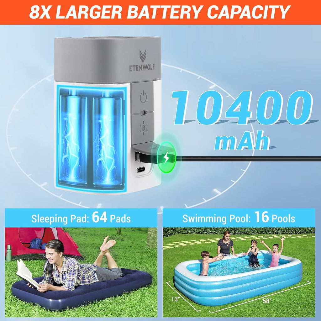 ETENWOLF Air Pump for Inflatables with 10400 mAh Battery & Camping Light