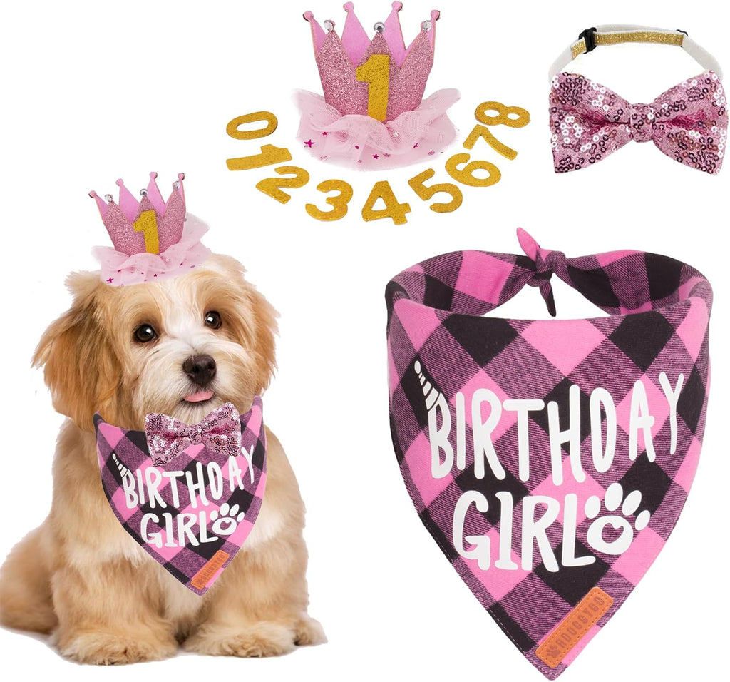 ADOGGYGO Dog Birthday Hat Bandana Set, Pink Plaid Girl Dog Bandana, Small