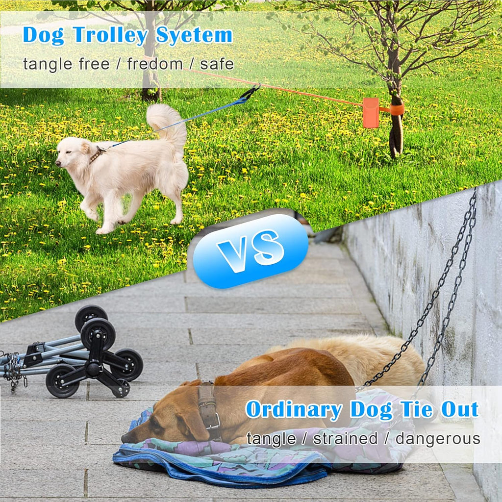 Upgraded Dog Tie Out Cable for Camping, 100FT Portable Trolley System for 2 Dogs, Knot-a-Hitch Dogs Hitching System up to 250lbs, Dog Runner for Yard Camping Training Running Hiking Outdoor