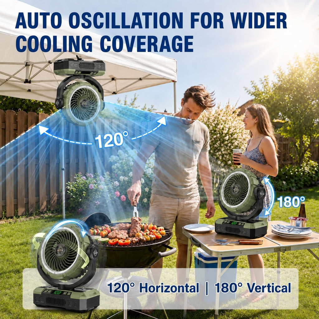 9-Inch Rechargeable Camping Fan 【Auto-Oscillating, Max 60H】20000mAh Portable Battery Powered Operated Fan,Light,Timer,Hook,Outdoor Tent Fans for Patios,Beach,Fishing,Emergency,Camping Gear Essentials