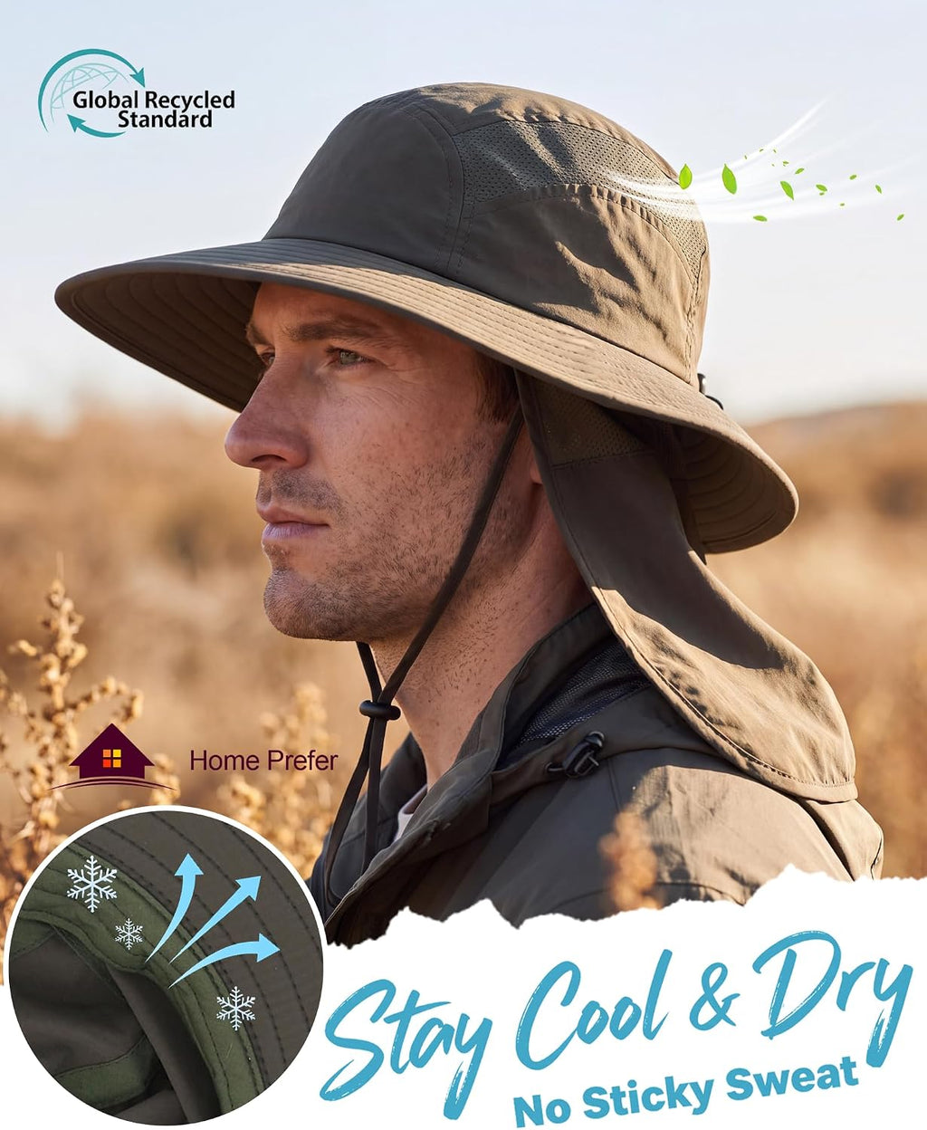 Home Prefer UPF 50+ Sun Hat with Neck Flap Wide Brim Fishing Hat for Men