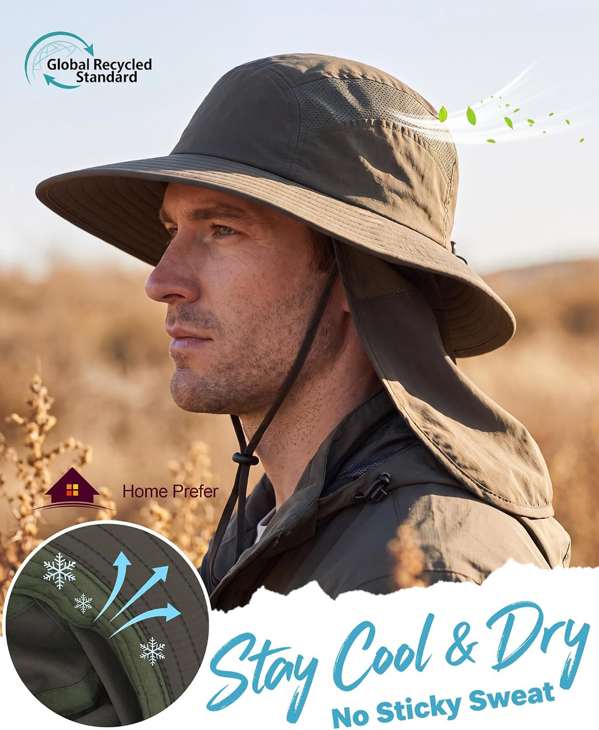 Home Prefer UPF 50+ Sun Hat with Neck Flap Wide Brim Fishing Hat for Men