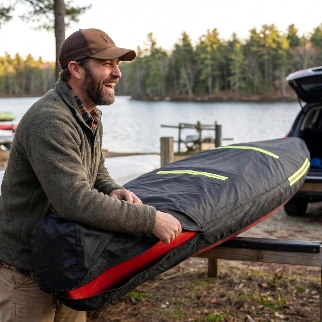 12-14 FT Kayak Cover, Made of 600D Oxford Fabric with a Cotton Lining. Features a Full-Coverage Design, Complete with Zippers and Fluorescent Straps.Suitable for Both Indoor and Outdoor Storage
