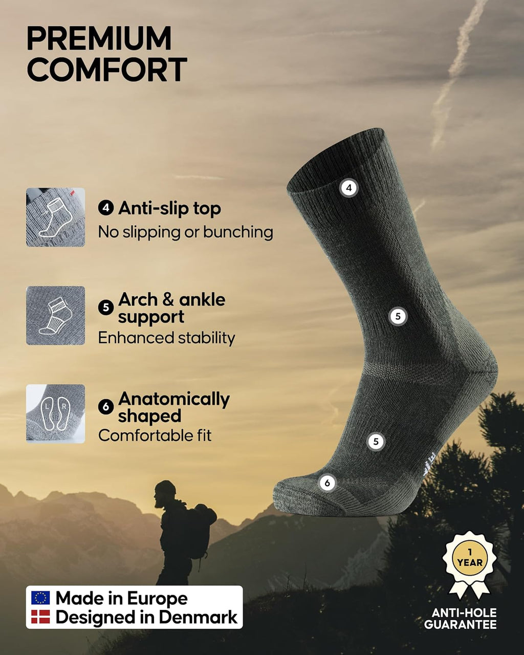 DANISH ENDURANCE Hiking Socks, Merino Wool, Anti-Blister, 3 & 5-Pack