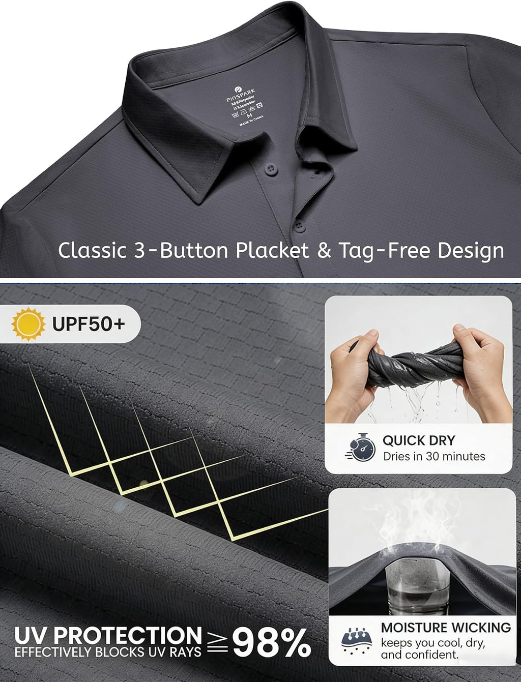 PINSPARK Men's Golf Polo Shirts UPF 50+ Moisture Wicking Collared Shirts
