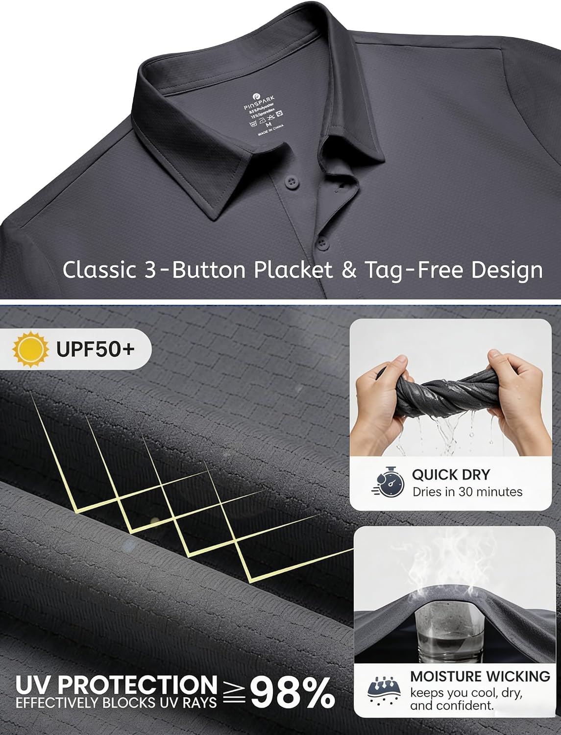 PINSPARK Men's Golf Polo Shirts UPF 50+ Moisture Wicking Collared Shirts