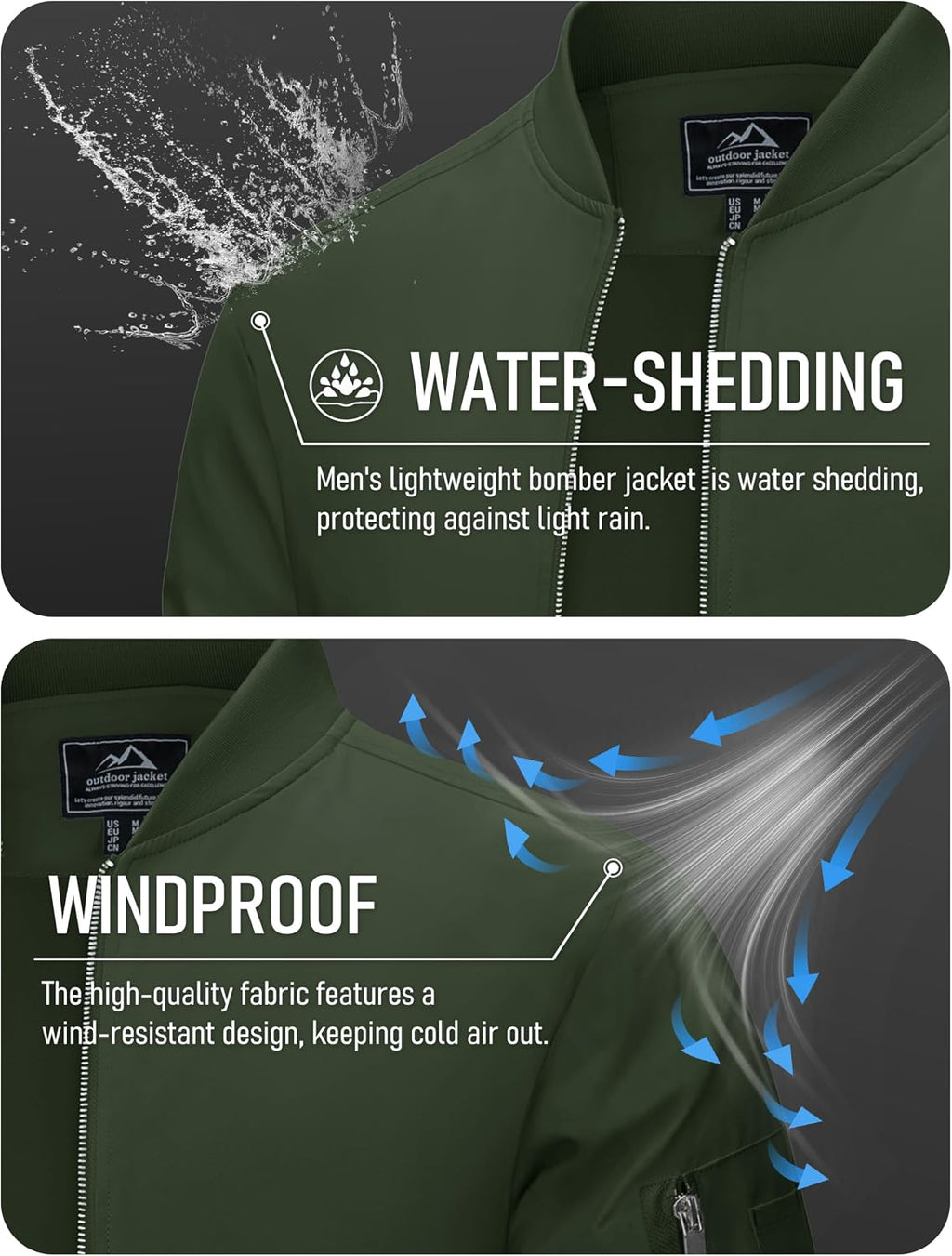 MAGCOMSEN Bomber Jacket Men Light Jacket Windproof Windbreaker Jacket Lightweight Bomber Jacket Casual Army Green M