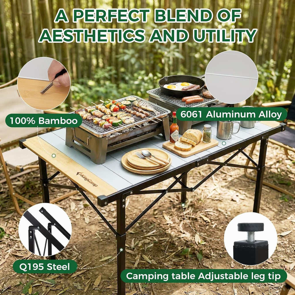 KingCamp 53.5" Bamboo Aluminum Camping Table, 265 LBS Roll-Up Table
