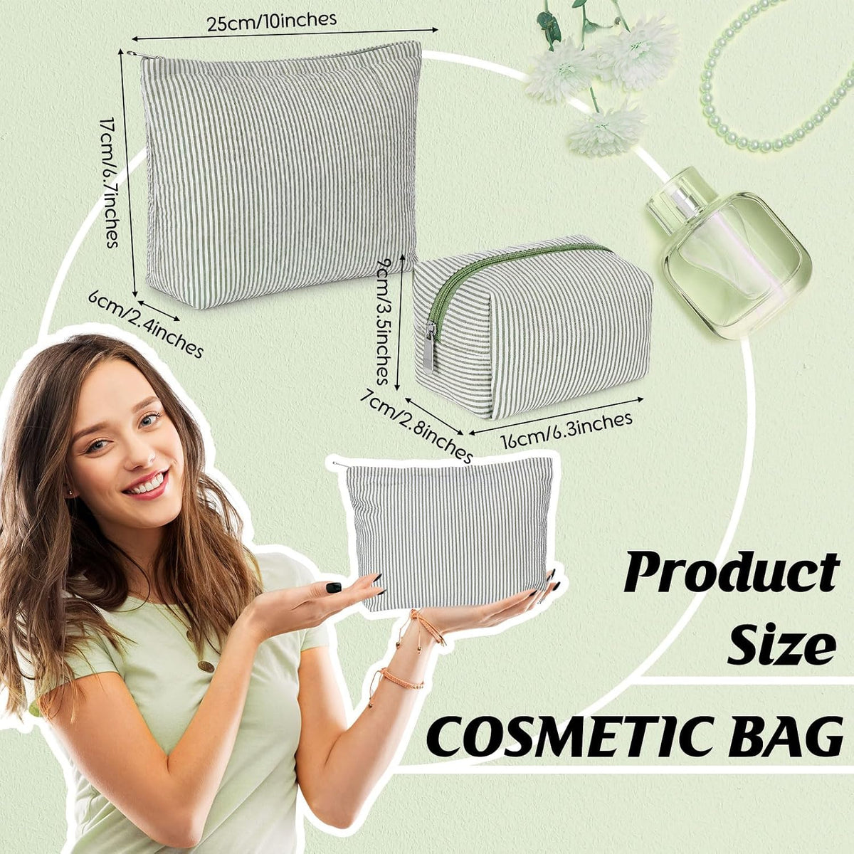 Huhumy 2 Pcs Makeup Bag Set for Women, Bean Green, Thin Stripe