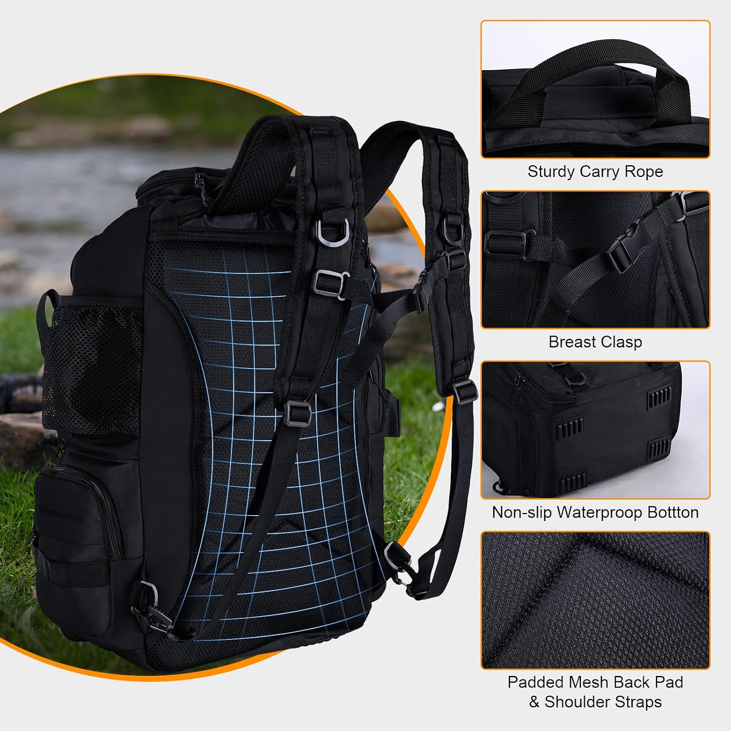 Goture 40L Fishing Tackle Backpack Black w/Cooler & Rain Cover Saltwater