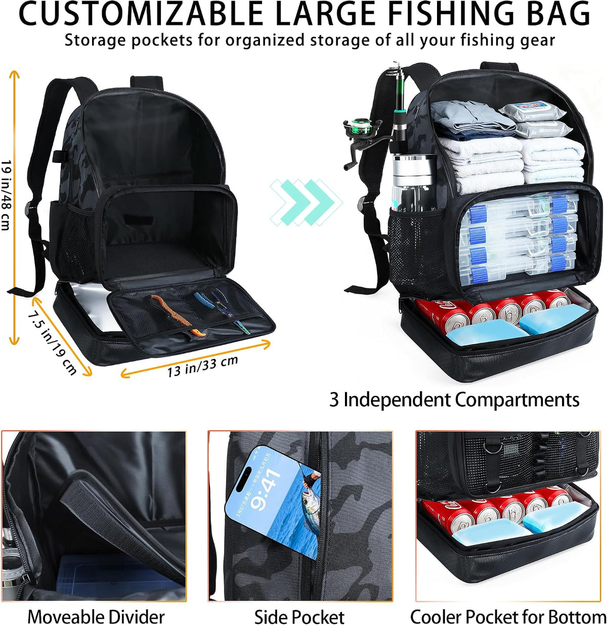 Fishing Backpack with 4 Tackle Boxes, Heavy Duty Fishing Bag with Waterproof Bottom, Tackle Backpack Gifts for Man Woman-Camo Black