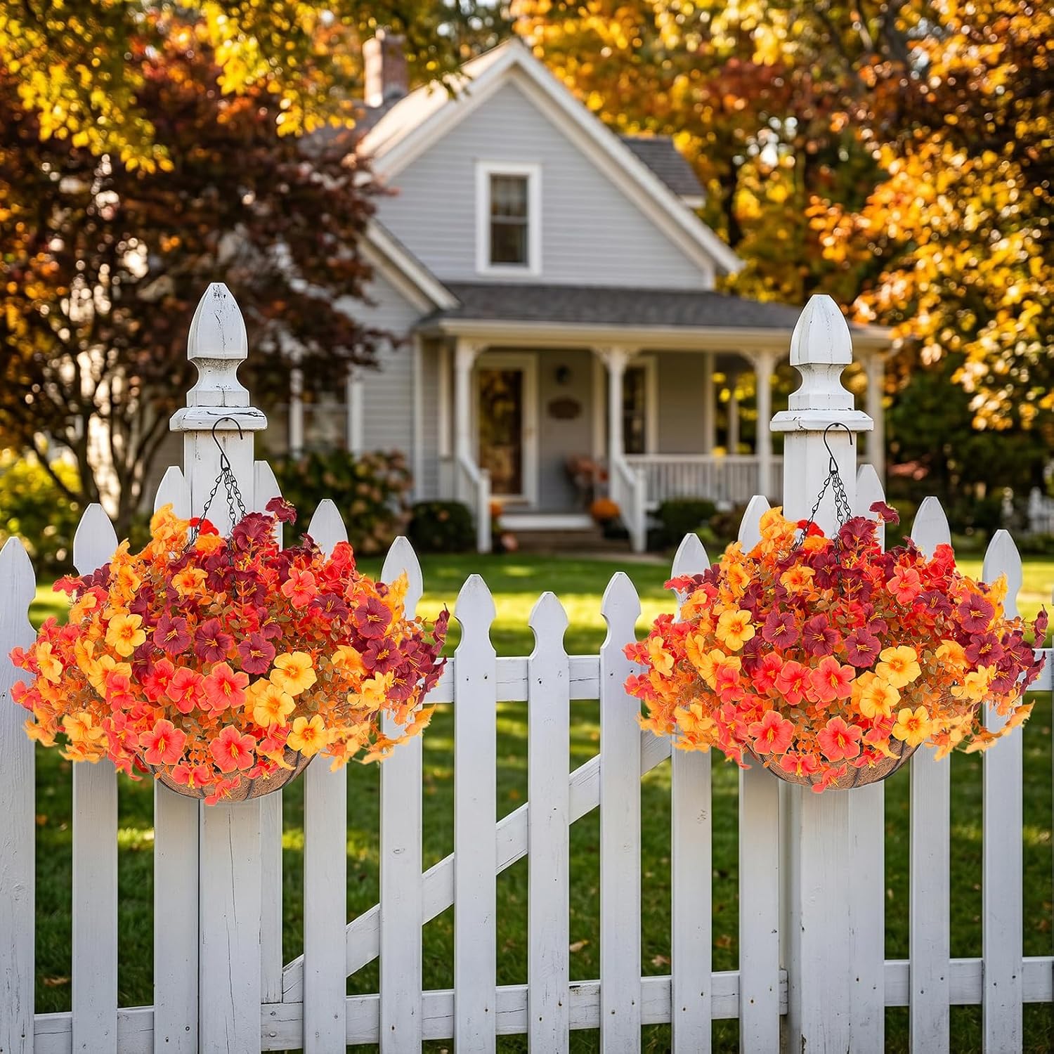 Daynight 2 Set Artificial Outdoor Fall Flowers with Hanging Baskets, 24 Pcs Faux Petunias Flowers with Hanging Planter for Outside Porch Yard Garden Autumn Decor (2, Orange)