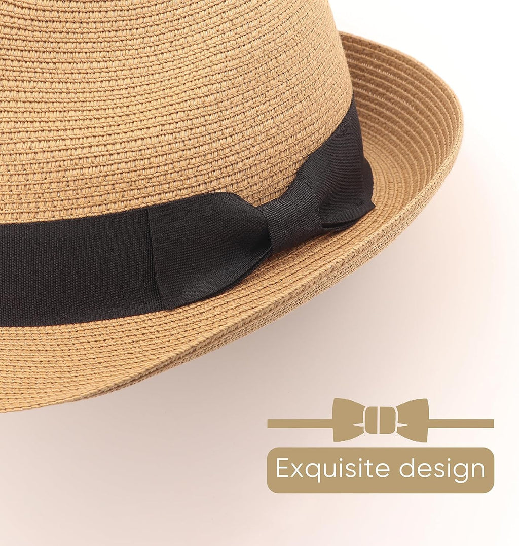 DRESHOW Women Straw Sun Hat Short Brim Panama Travel Fedora Beach Cap Roll up Summer Hat for Women Men UPF 50+