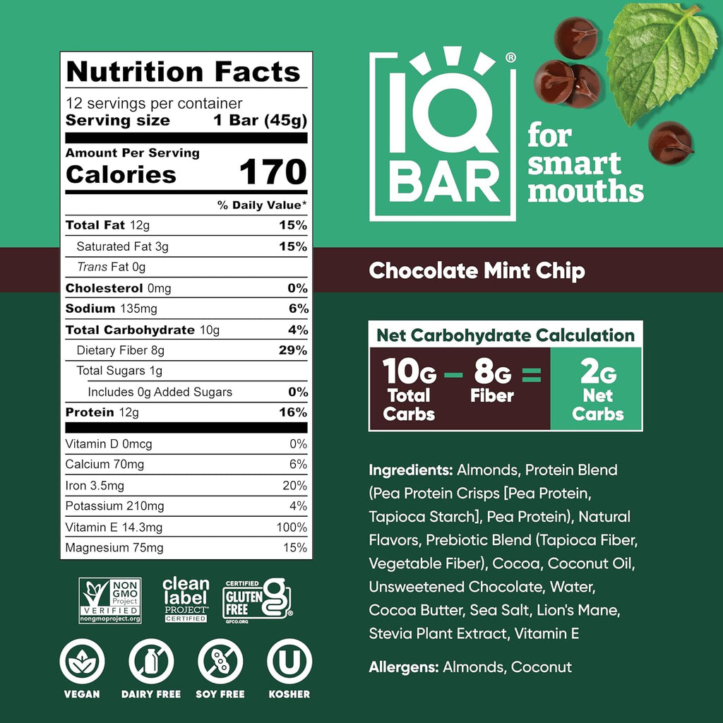 IQBAR Clean Protein Bars, Low Sugar Keto, Chocolate Mint Chip 12-Count