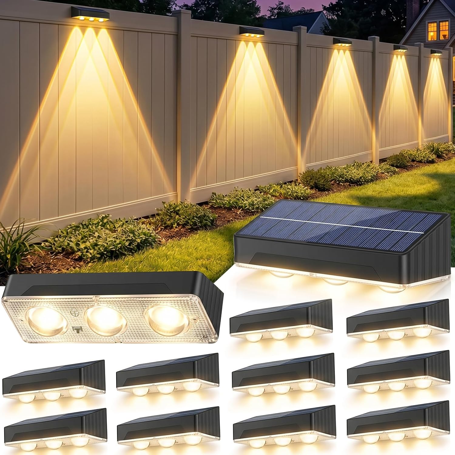 Solar Fence Lights Outdoor 12 Pack Upgraded High Brightness 3 LED Spot Lens Waterproof Deck Lights 7 Mode Warm&Cool White RGB Solar Powered Wall Lighting Decor for Outside Patio Step Backyard Railing