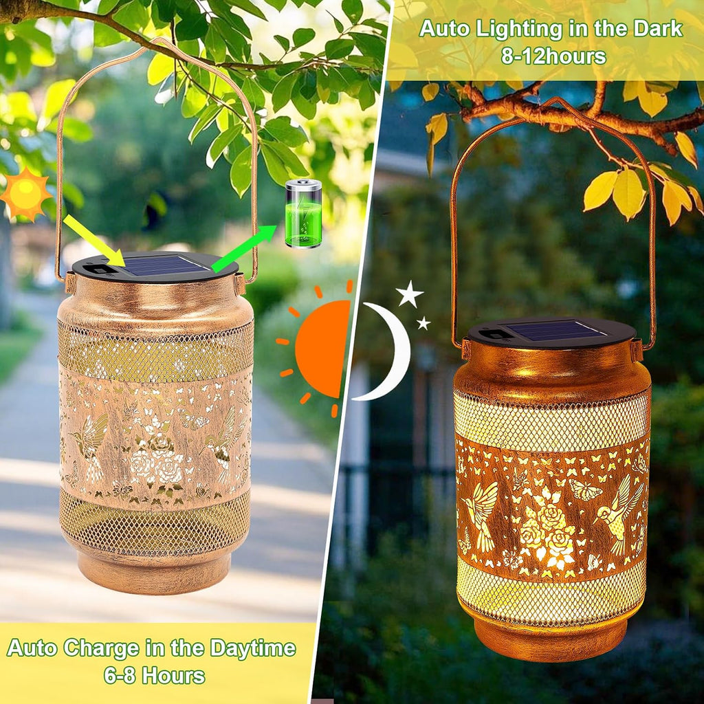 2 Pack Hummingbird Solar Lanterns Outdoor Waterproof Solar Garden Decor, Birthday Gifts for Women Mom Grandma, Metal Hanging Lights with Shepherd Hook for Yard Patio Pathway Backyard Porch