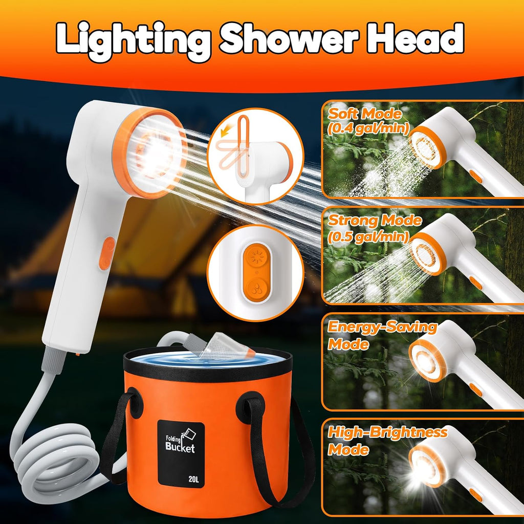 [2026 Upgraded Built-in Water Pump] Rechargeable Filtered Shower Head, Portable Camping Shower with Foldable Bucket, LED Light Camp Shower for Car Wash, Pet Bathing, Outdoor Travel & Watering Plants