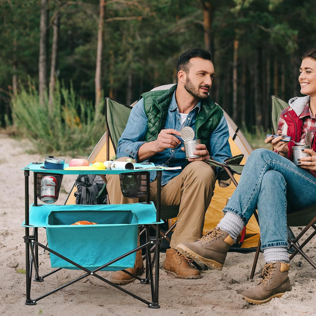 VILLEY Folding Camping Table, Double-Layer Beach Table with Storage