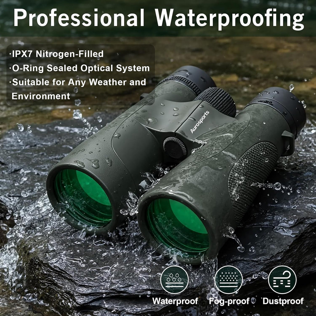Aurosports 15x52 Waterproof Binoculars for Adults Hunting Binoculars Green