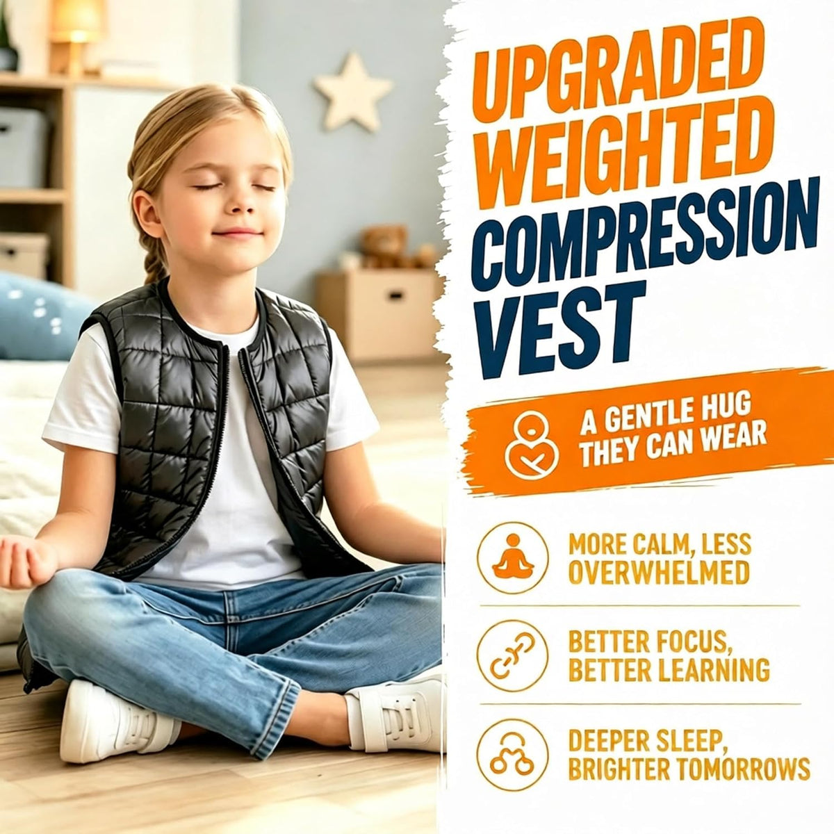 Weighted Vest for Kids，Sensory Calming Support for Children with 2lb, 3lb, 4lb Weights(Ages 2-13) ,Breathable & Washable for Active Play(Grey)