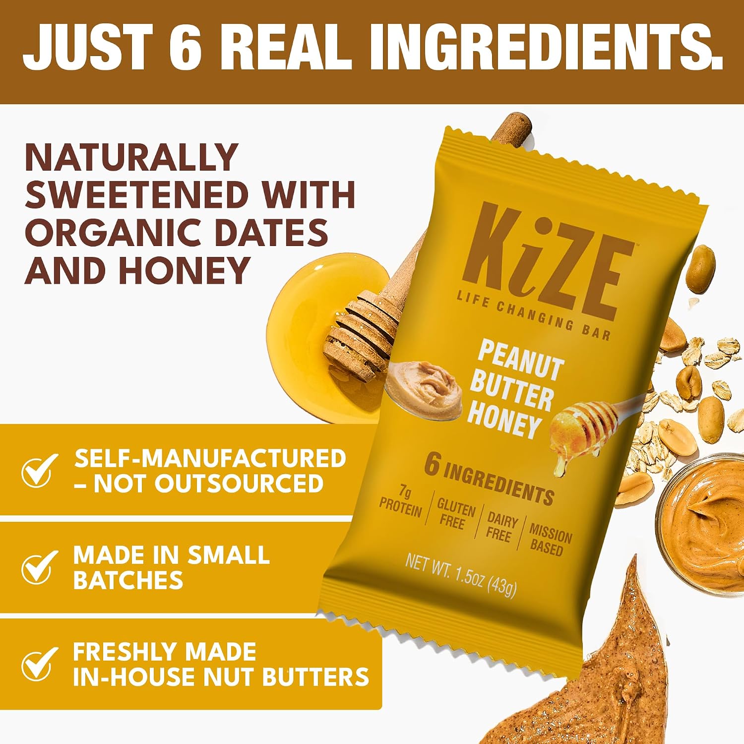 KiZE Energy Bars - Peanut Butter Honey - 30-Count - Gluten Free, Dairy Free, Non-GMO, and High Protein Meal Replacement Energy Bars, Clean and Simple Food Ingredients - 7g High Protein Snacks (30 Count)