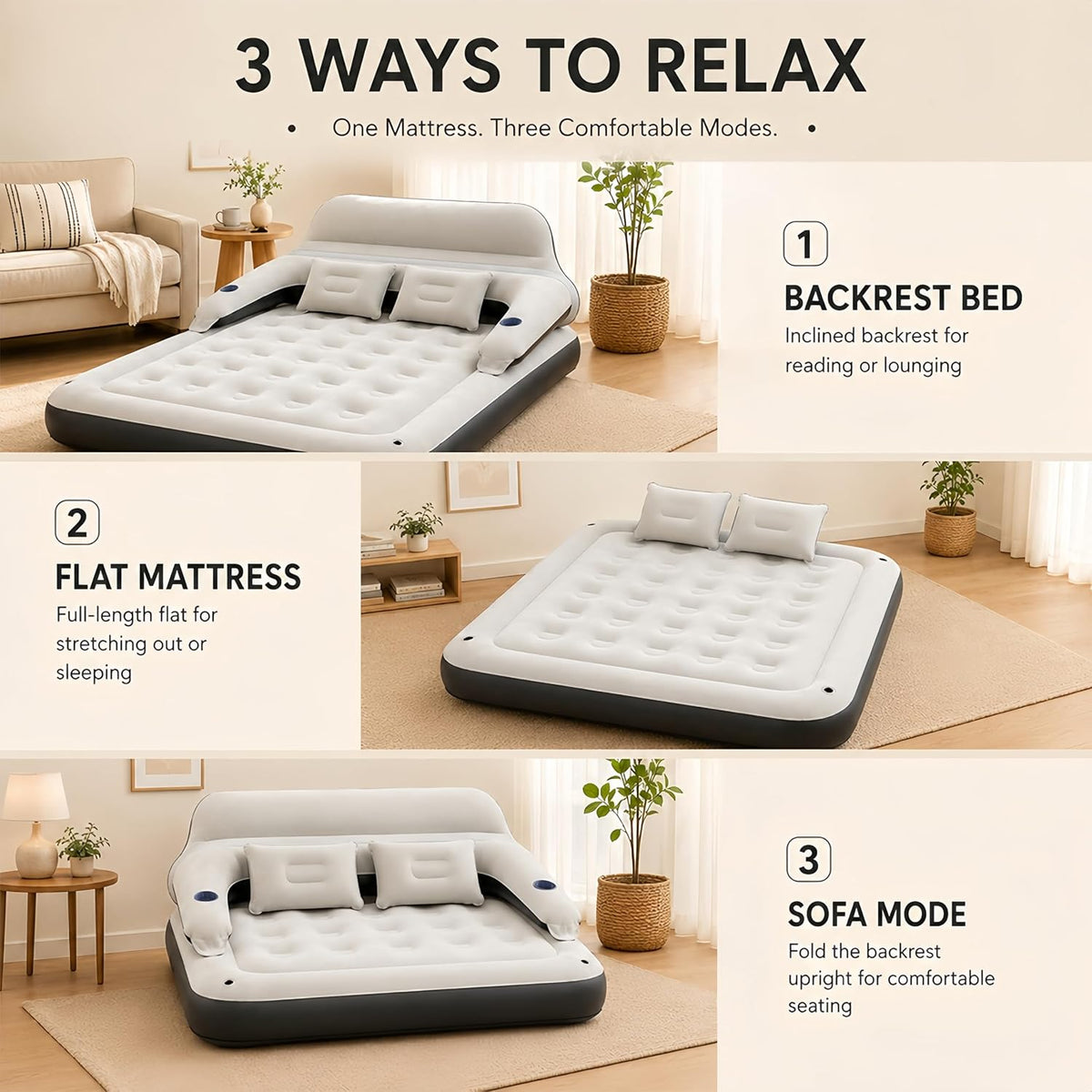 Air Mattress with Headboard and Pillows, Inflatable Blow Up Bed with Flocked Top, Portable Air Bed for Indoor/Outdoor Sleeping Pad for Living Room, Camping, Travel